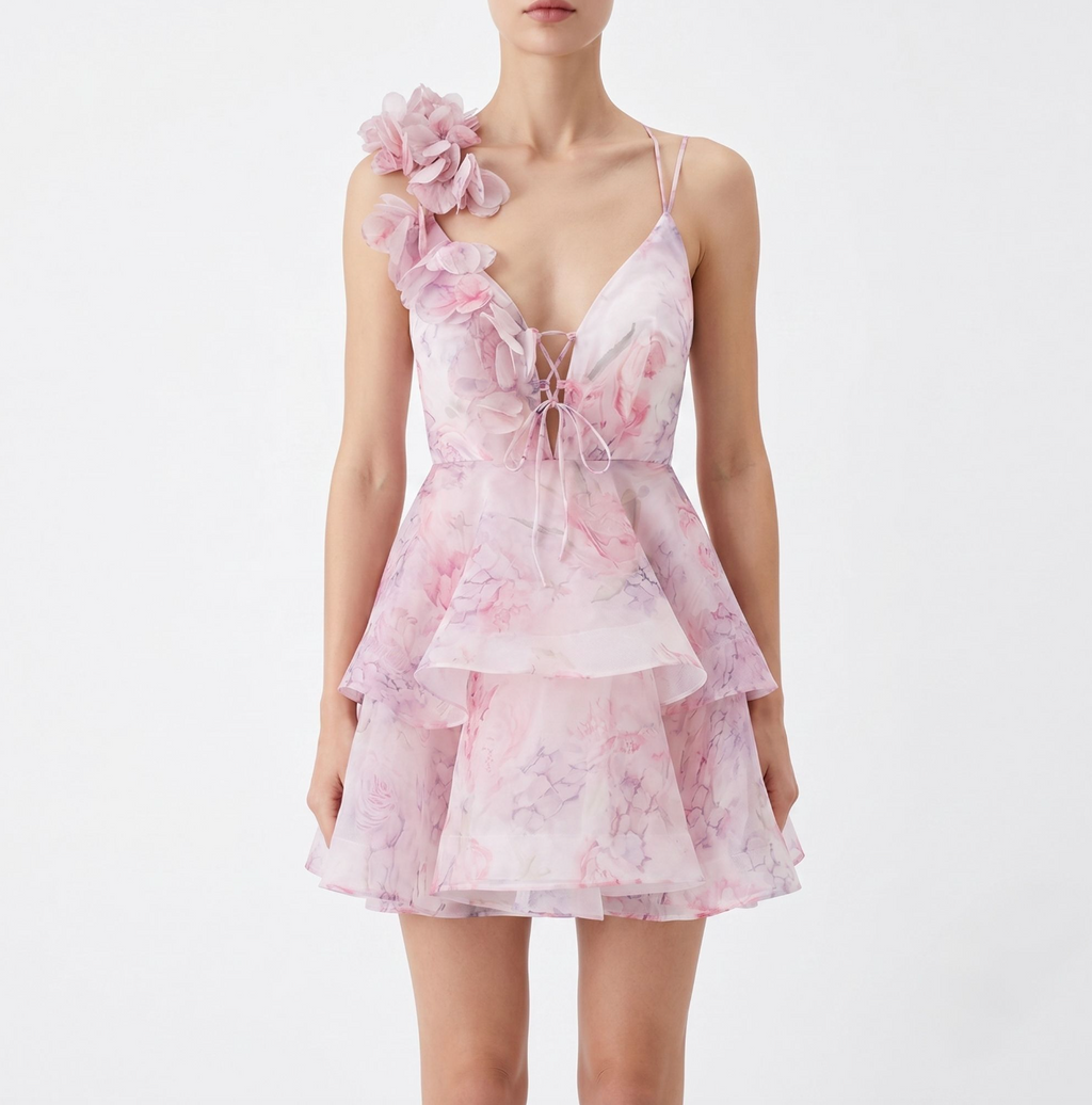 Élaria 3D Floral Organza Mini Dress